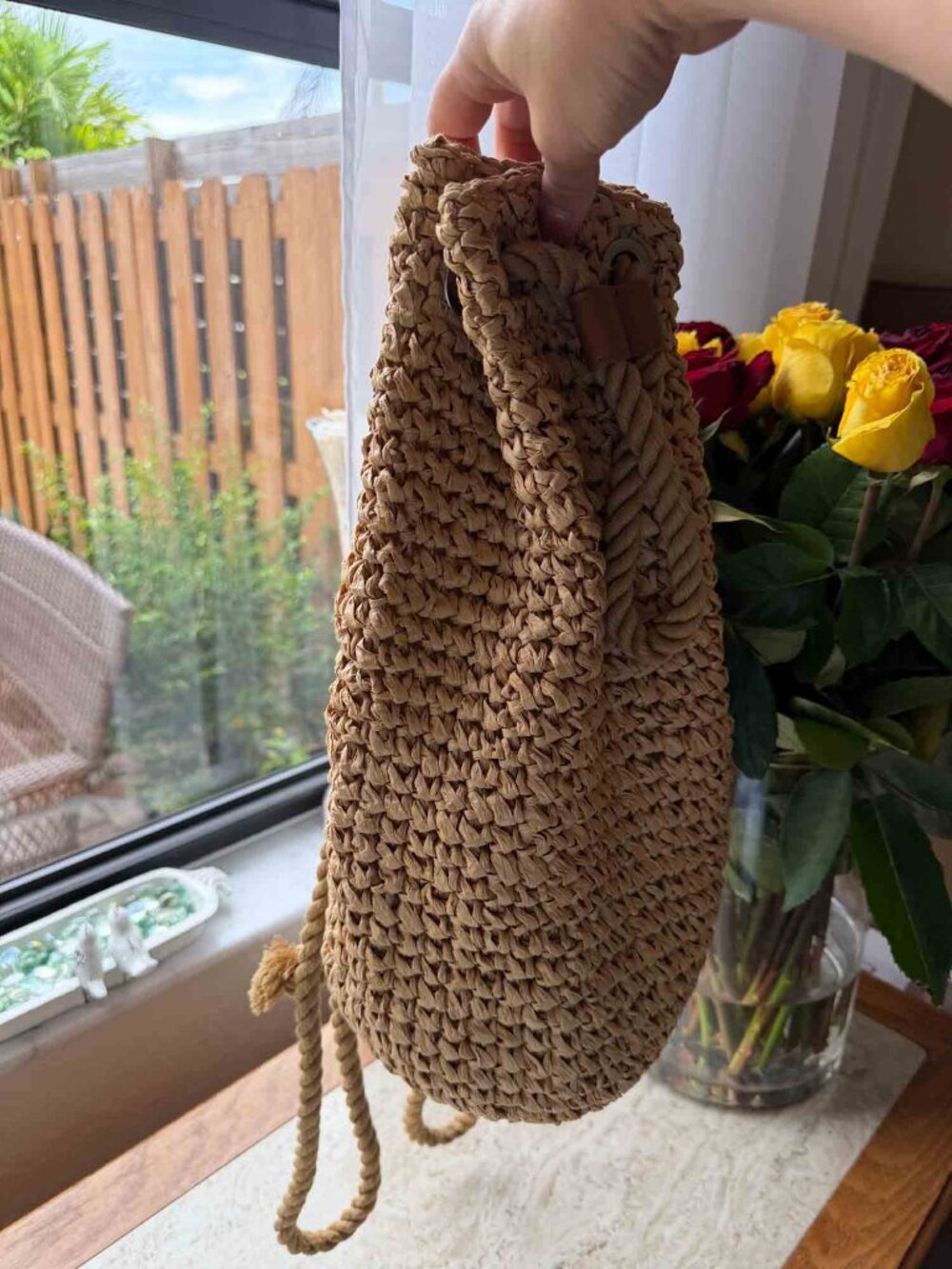 ZARA Woven Paper Raffia Backpack Bucket Bag Rope Drawstring Boho Beach Tan - Picture 5 of 16